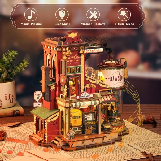 ROBOTIME Gift Factory 3D Puzzle Wooden Model Kits For Adults DIY Retro Vintage Toy Production Construction Craft Kit Luminous Factory With Music Lights And 5 Elves For Kids Teens Adults