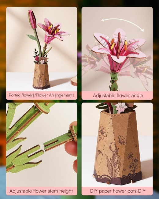 ROBOTIME 3D Puzzle Flowers Wooden Model Kits For Adults DIY Artificial Flowers Home Decor Living Room Office Gifts For Women Men Teens
