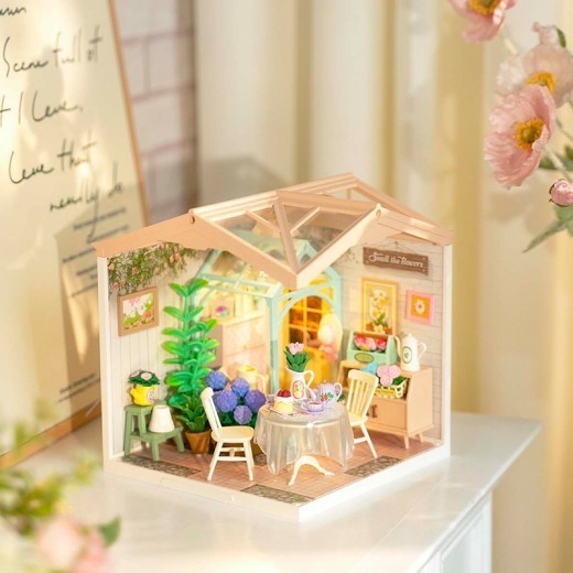 ROBOTIME DIY Miniature House Kit Dollhouse Model Building Craft Kit Birthday Creative Gifts For Adults Kids Girls Boys Blooming Tea Garden
