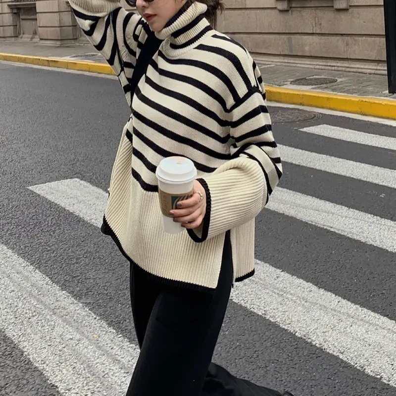 Fashion Striped Turtleneck Sweater Casual Loose Slit Design Sweater Winter Tops Womens Clothing