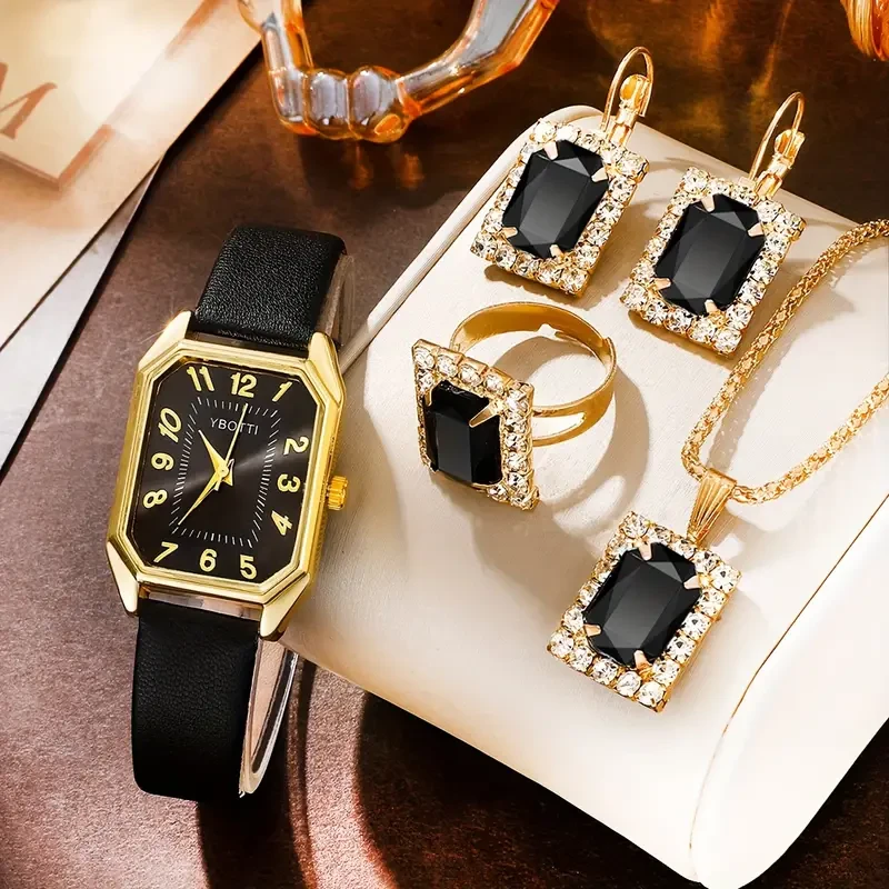 Retro Rectangle Womens Quartz Watch & Jewelry Set