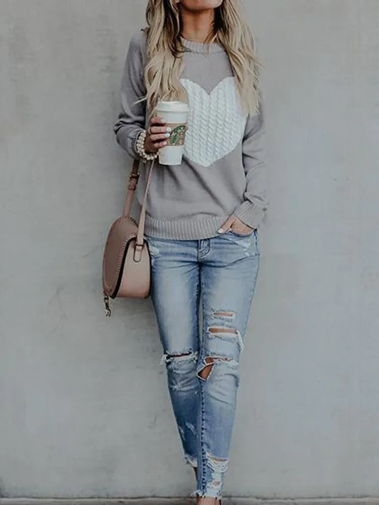 Autumn Winter Women Sweaters Heart Pattern Printed Long Sleeve Tops O-Neck Lovely Pullovers Knitted Loose Sweaters Tops