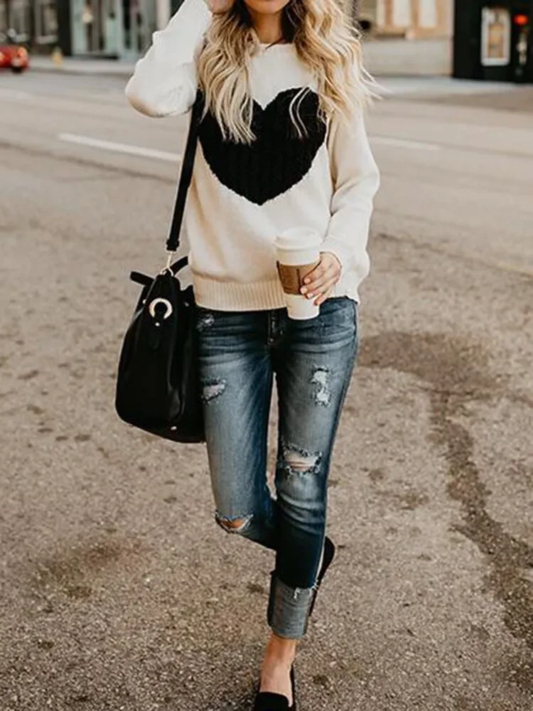 Autumn Winter Women Sweaters Heart Pattern Printed Long Sleeve Tops O-Neck Lovely Pullovers Knitted Loose Sweaters Tops