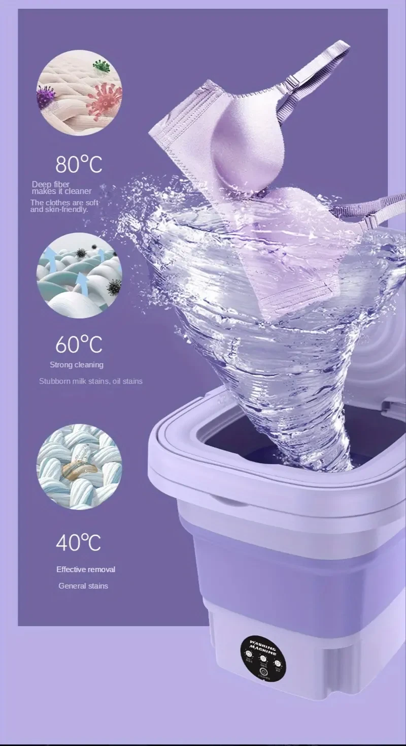 HKromore 8L Portable Folding Washing Machine With Collapsible Bucket, 3 Modes Effective Steri-lizing, Suitable For Apartment, Laundry, Camping, RV, Travel, Underwear Bra Socks Washing Machine