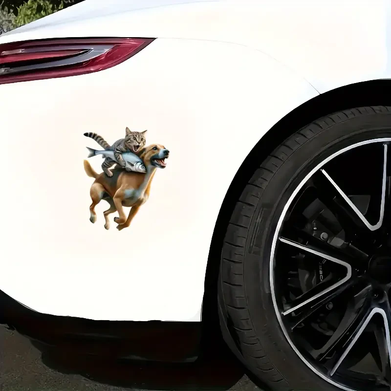 Funny Cat Riding Dog High-Quality Vinyl Decal, Self-Adhesive Waterproof