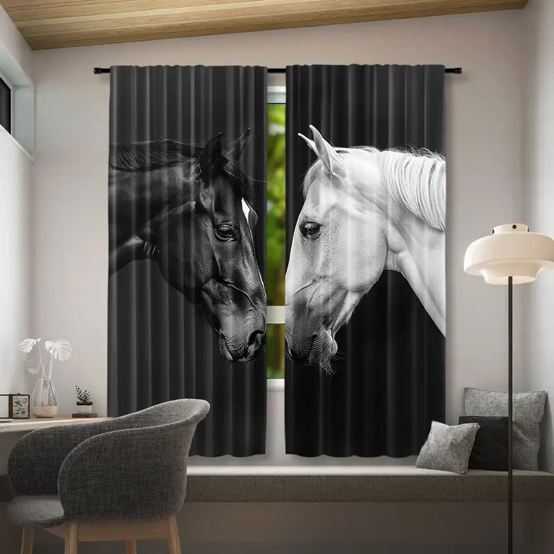2pcs Set 3D Horse Print Curtains - Rod Pocket, Semi-Sheer Window