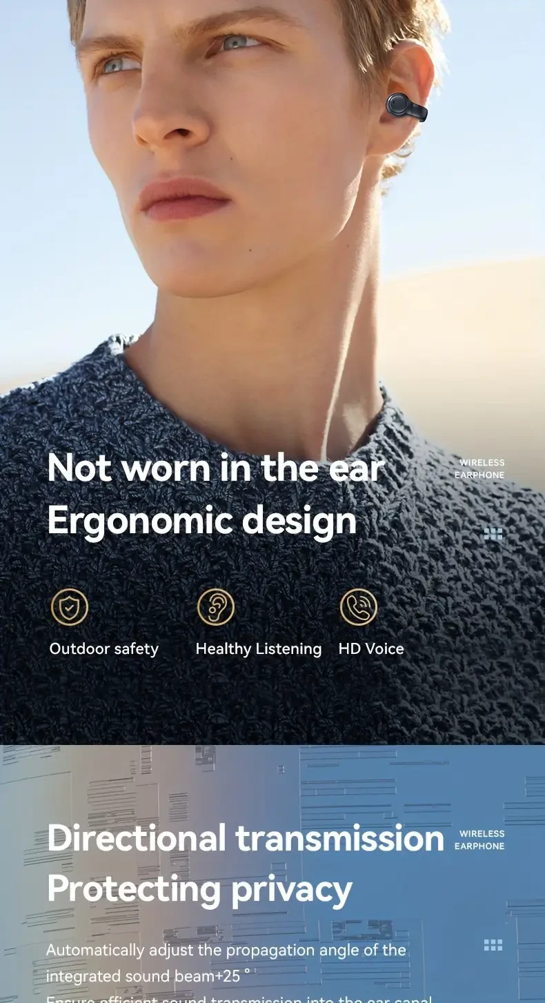 Earclip Wireless Earphones With High-definition Voice, Mirror Digital Display, Hifi Sound Quality, High Power, Automatic Touch Operation, Painless Bone Conduction, Charging Power Display, Not In Ear Earphones