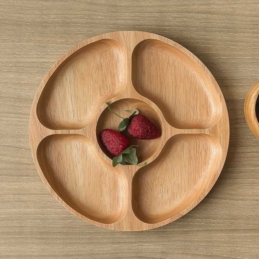 Creative And Personalized Round Compartment Tray Solid Wood Dried Fruit Platter Snacks Nuts Snacks Refreshments, Wooden Plates