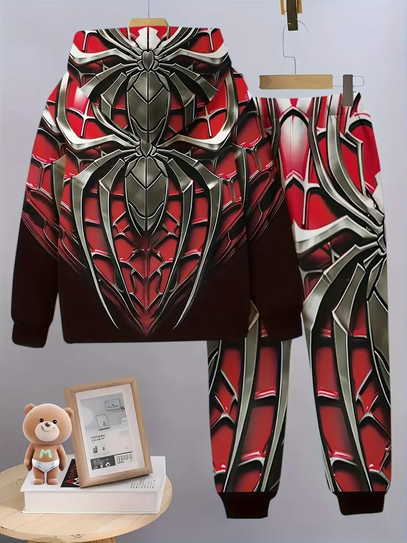 Boys' 3D Geometric Print Hoodie & Sweatpants Set - Cozy, Stretchy Polyester Blend for Fall/Winter - Machine Washable, Perfect for Outdoor