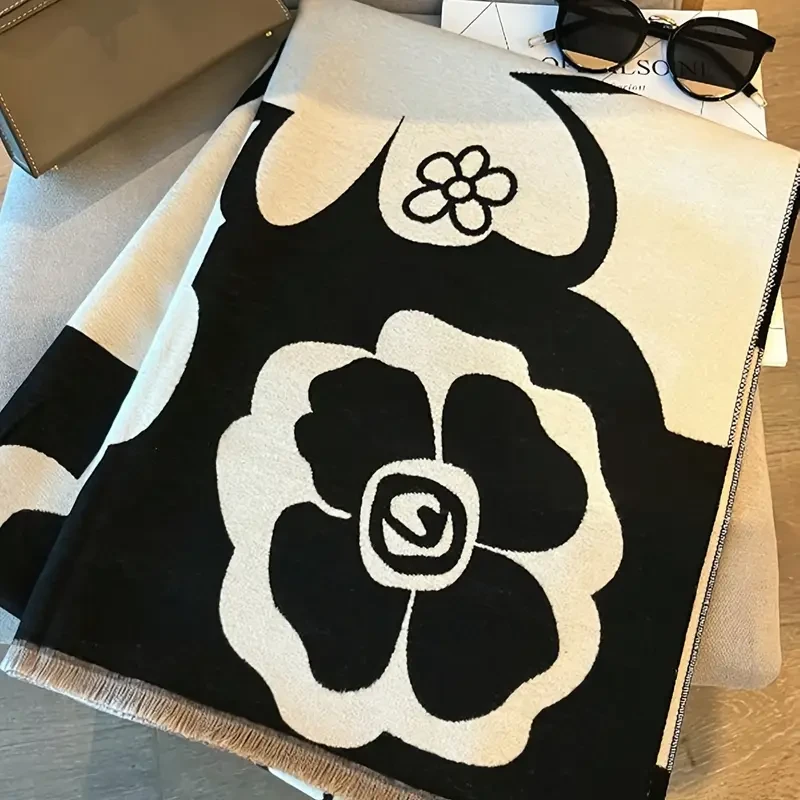 Elegant Black & Beige Imitation Cashmere Scarf