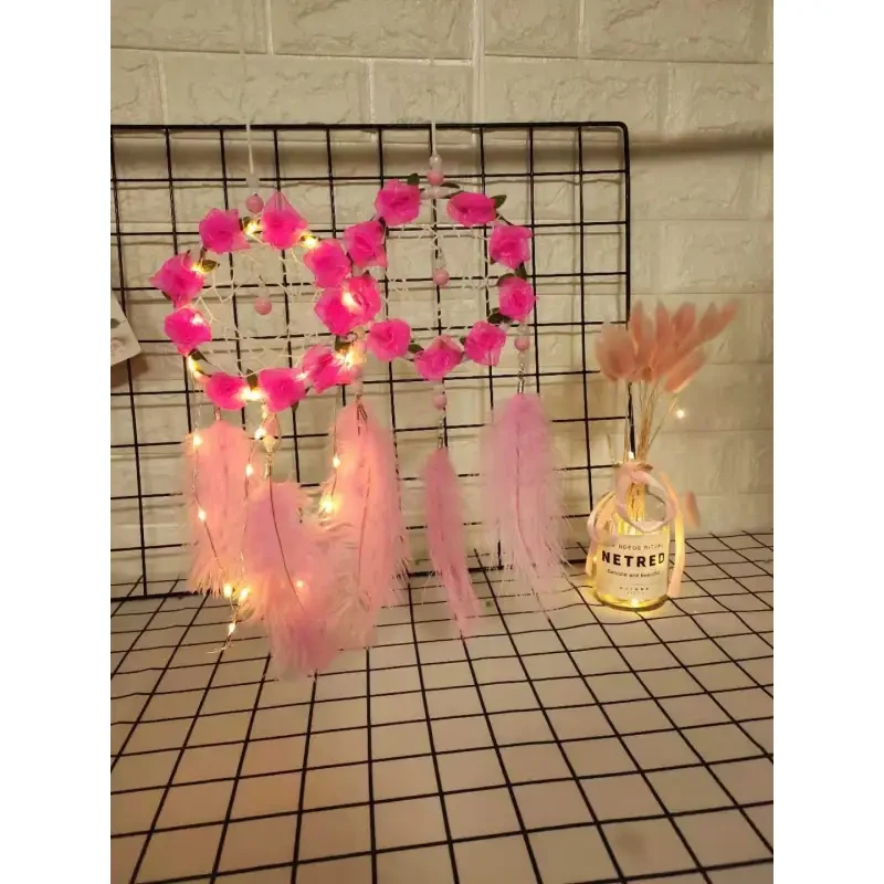 Women's Dreamcatcher Wind Chimes Pink Ostrich Feather Ornaments with Decorative Lights for Room Decoration
