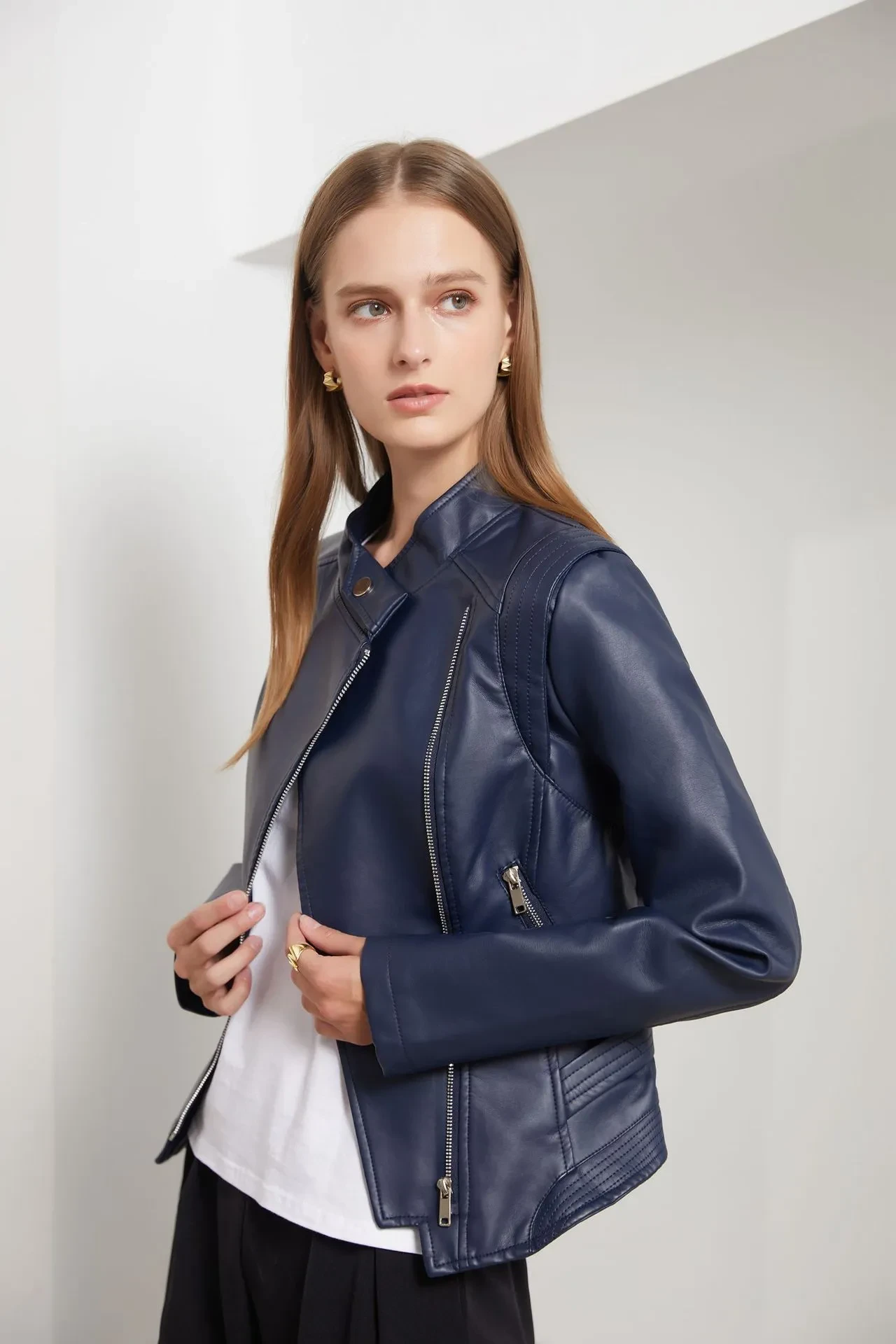 PU Lapel Women Slim-fit Leather Coat Women