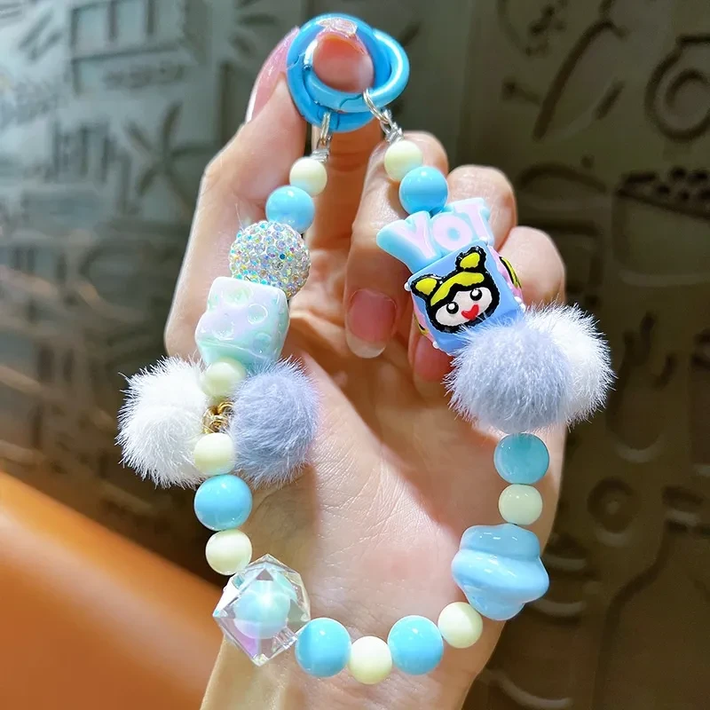 Creative Hand-painted Beads Plush Beaded Mobile Phone Charm Keychain