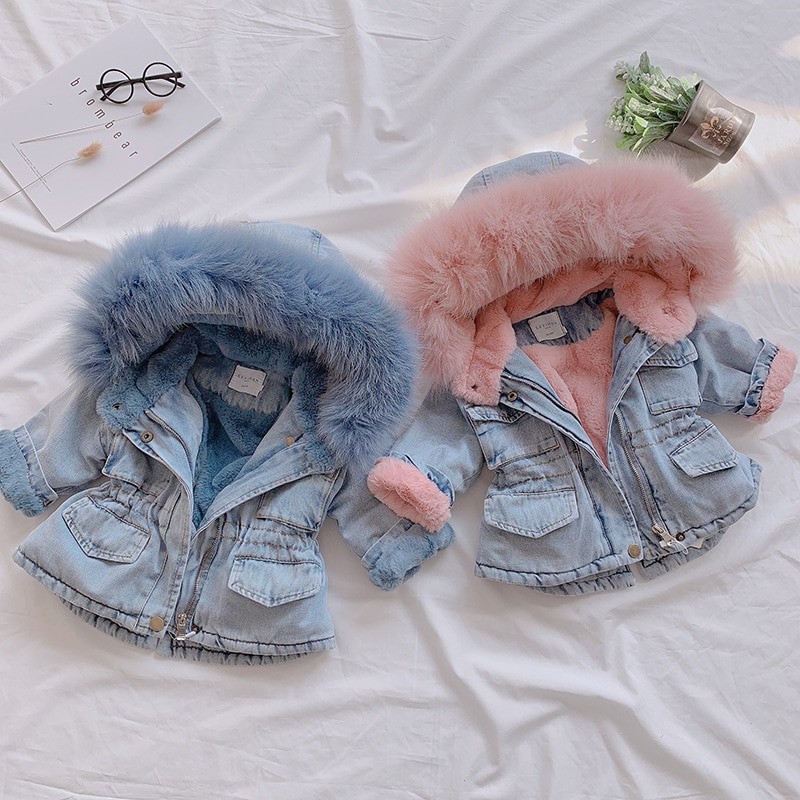 Girls' Denim Plus Velvet Jacket Autumn and Winter