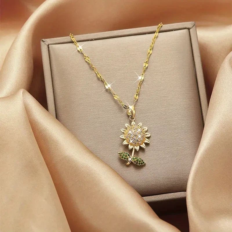 Elegant Sunflower Pendant Necklace for Women 18K Golden Plated, Titanium Steel with Cubic Zirconia Accents Perfect Gift for Her
