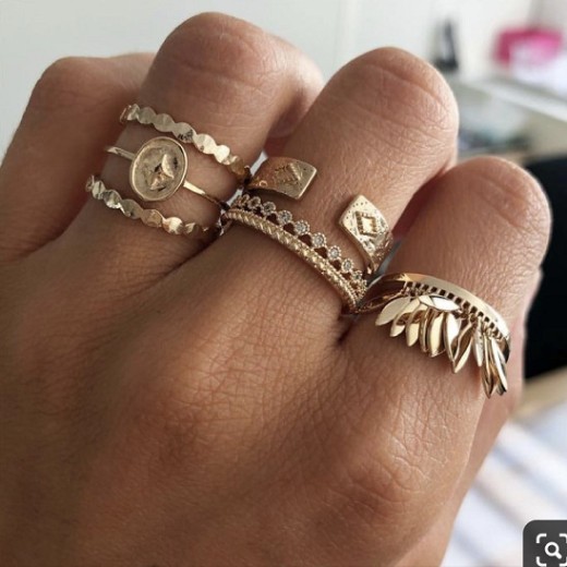 6-piece Ring Geometric Leaf Tassel Ring