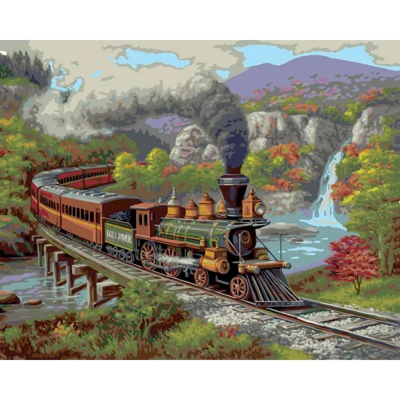 DIY Digital Painting Hand-painted Oil Painting Train Landscape Digital Coloring