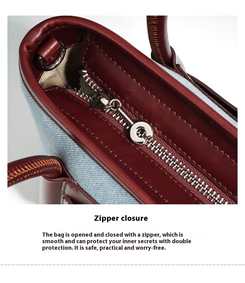 Top Layer Cowhide With Denim Cloth Vegetable Basket Bag Niche Splicing Single Shoulder Crossbody