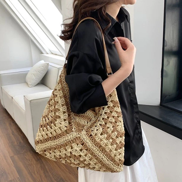 One Shoulder Sling Bag, Seaside Vacation Bag, Cotton Rope Woven Women's Bag, Hollow Handheld Beach Bag