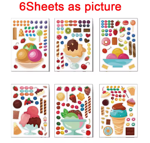 6-24sheets DIY Ice Cream Stickers for Kids Creative Make Your Own Dessert Decals Puzzle Stickers Party Supplies Decoration Gifts