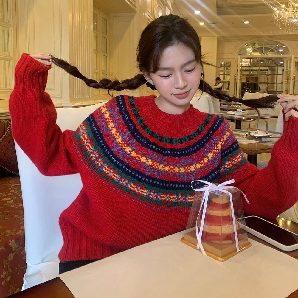 Autumn Winter Retro Round Neck Colorful Jacquard Christmas Atmosphere Thick Pullover Sweater