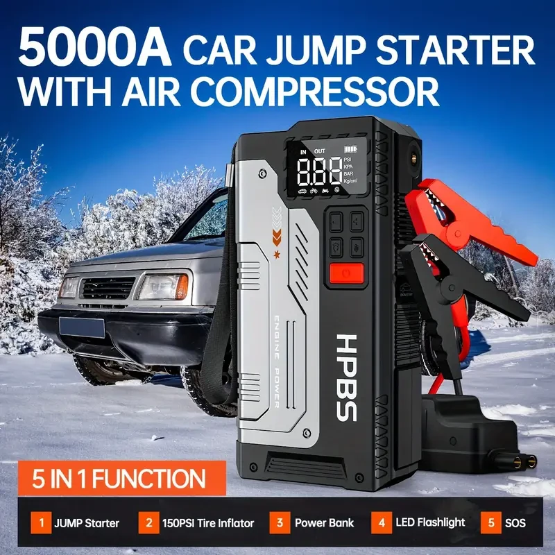 HPBS 5000A Portable Jump Starter With Air Compressor- 12V Battery Booster With 150 PSI Tire Inflator Air Pump For Up To 2.11gal Gas And 1.72gal Diesel Engines, Car Jump Box With LED Light, Fast Charging USB Output, And Multiple Safety Protections