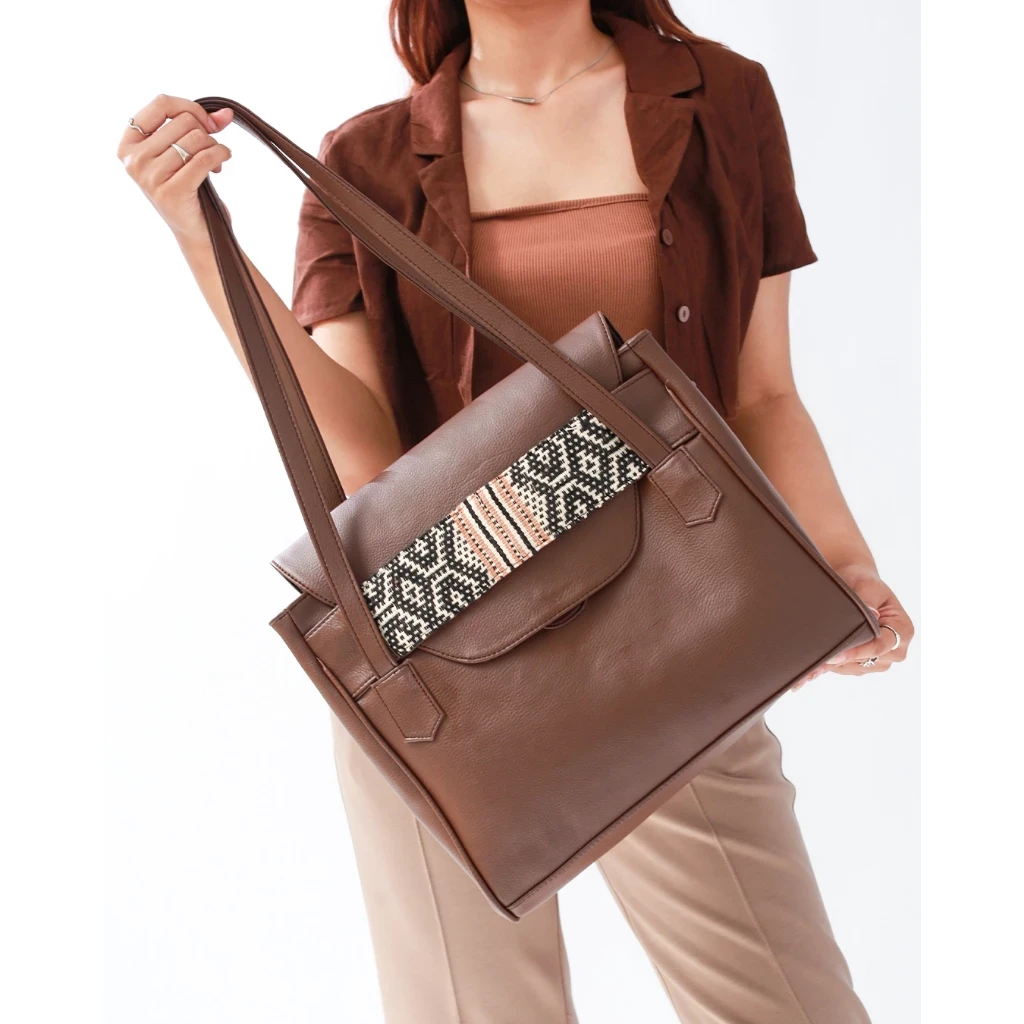 Mare Coffee Women's Work Bag with Lombok Ethnic Woven Fabric