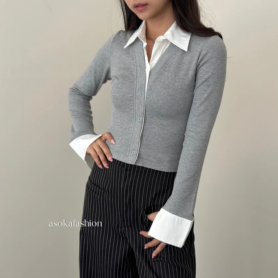 ASOKA Moza Top 3141 - Slim Fit Long Sleeve Cardi - Crop Top Two Pieces Shirts - Women's Casual Tops