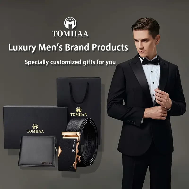 2pcs/Set TOMIIAA Gift Set Men's Genuine Leather Belt Business Casual Automatic Buckle Men's Belt & High Quality Men's Wallet