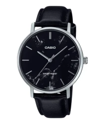 Casio Standard Analog Black Leather Strap Marble Inspired Black Dial Quartz MTP-VT01LM-1A Men's Watch