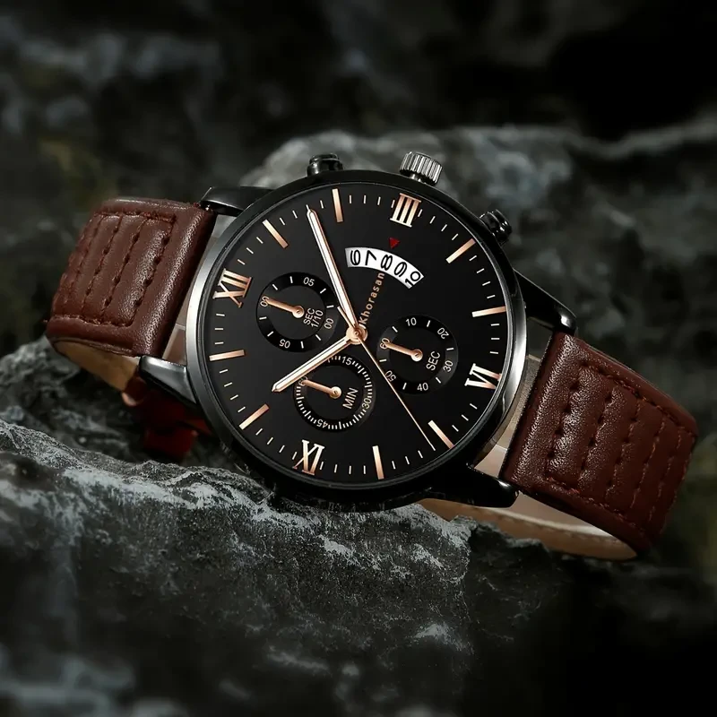 8pcs Set Men's Watch Wallet Gift Box Set, 3pcs Bracelet Set, Fashion Watch, Perfume, Belt, Greeting Card, Ambiance Small Light String Men's Gift Set, Fashionable Business Travel Wear