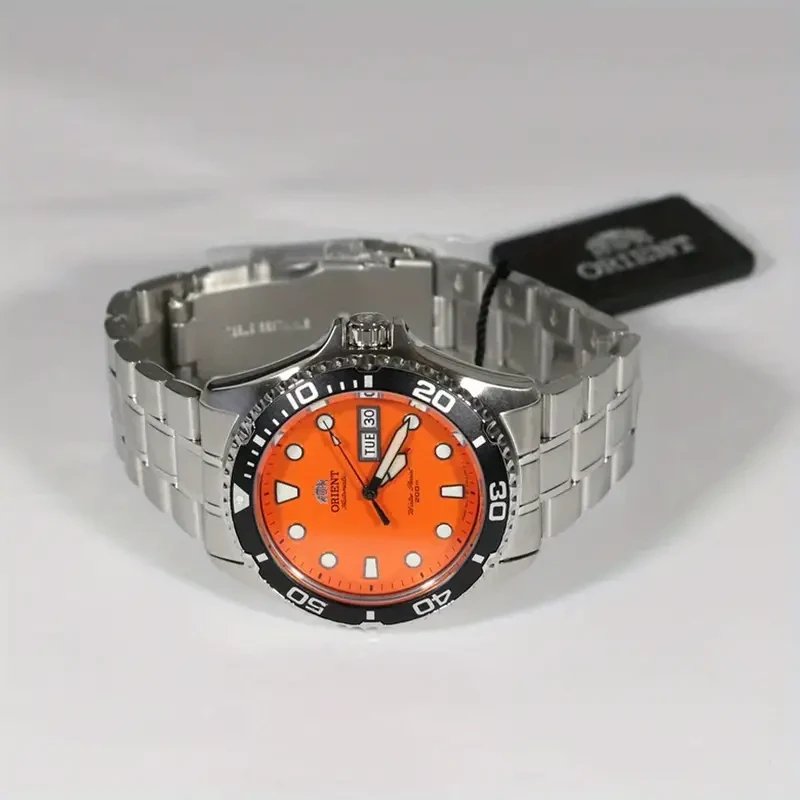 ORIENT Double Lion Men's Automatic Mechanical Watch - Luminous, Stainless Steel Band, Dazzling Orange Dial, Business Style