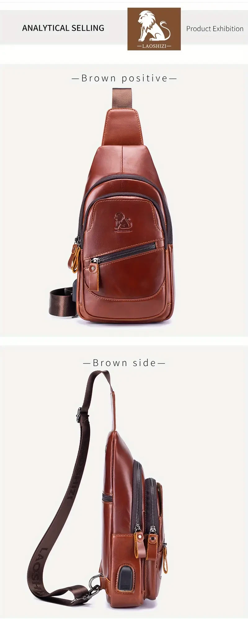 Men's Premium Genuine Leather Sling Bag with USB Charging Port - Adjustable Strap, Multi-Pocket Crossbody Chest Pack for Outdoor Adventures