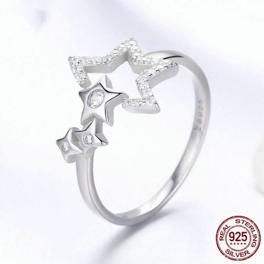Simple Fashion Star Open Female Ring 925 Sterling Silver With Platinum Plated Diamonds