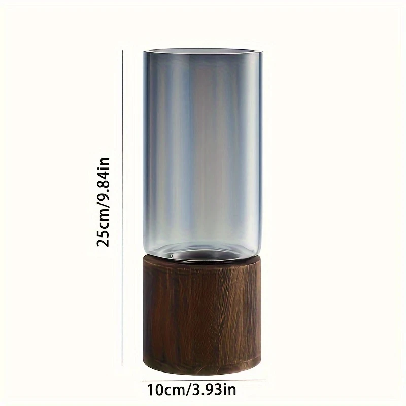 Elegant Modern Glass Vase with Wooden Base Cylindrical Clear Glass & Natural Wood Finish, Perfect for Living Room & Dining Table Decor, Ideal Gift for Friends and Family