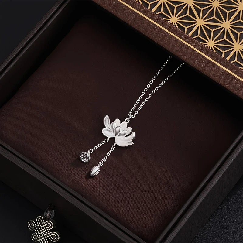 Vintage Elegant 925 Silver Lotus Pendant Necklace 18K Golden Plated, Luxury Wedding Jewelry Gift for Women, Girlfriend, Birthday, and Holidays