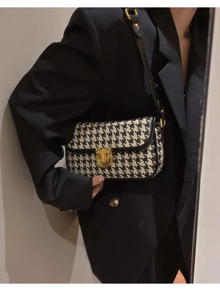 Women's Houndstooth One Shoulder Underarm Baguette Bag