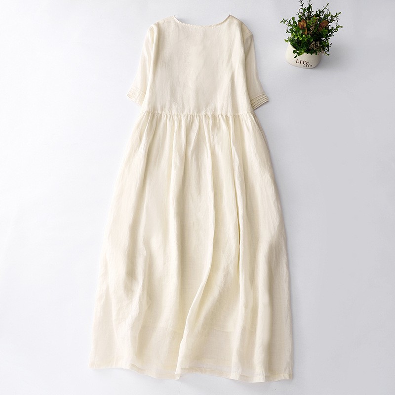 Embroidered Cotton And Linen Solid Color Beige V-neck Dress