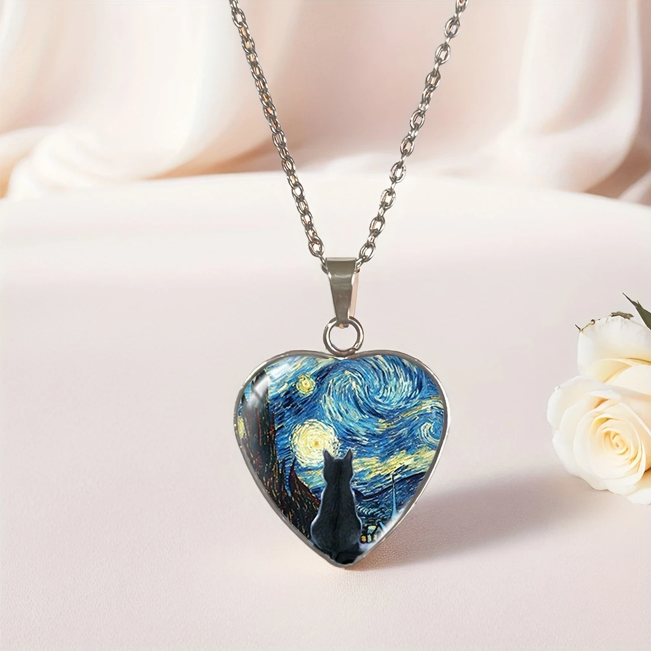 JWEIJIAO Starry Night Black Cat Heart-Shaped Pendant Necklace Bohemian Style Stainless Steel Jewelry with Van Gogh Art Design, Perfect Birthday Gift for Men & Women