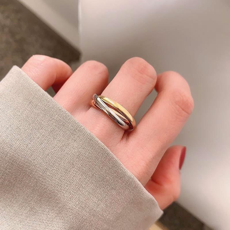Gold-Plated Stainless Steel Women's Three-Color Three-Ring Interlocking Stacked Couple Ring