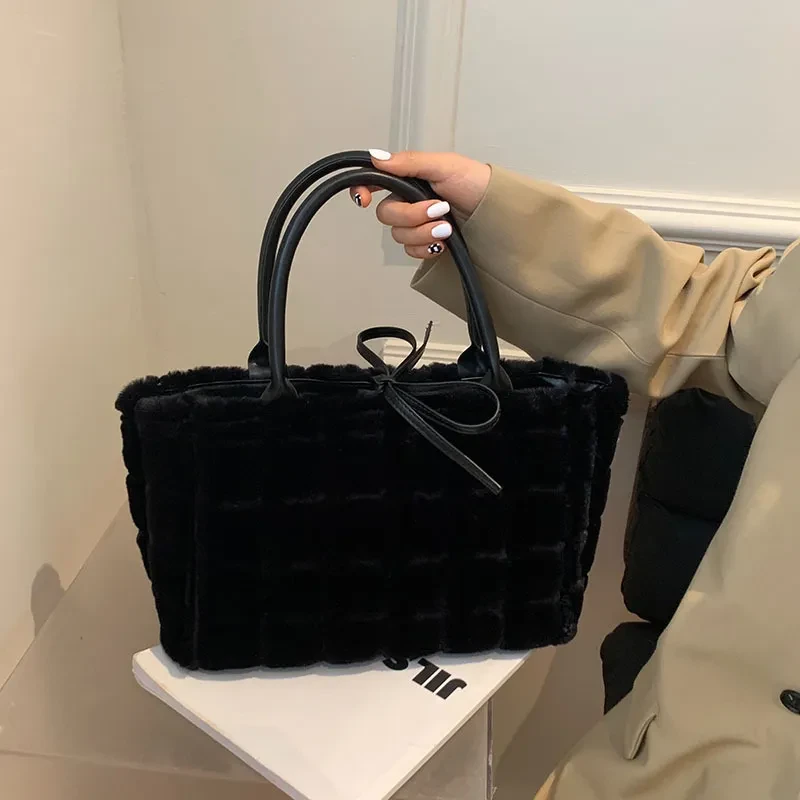 Sweet Small Square Bag Plush Plaid Portable Women