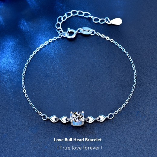 925 Sterling Silver Bracelet Female With Hearts Cow Head Inlaid