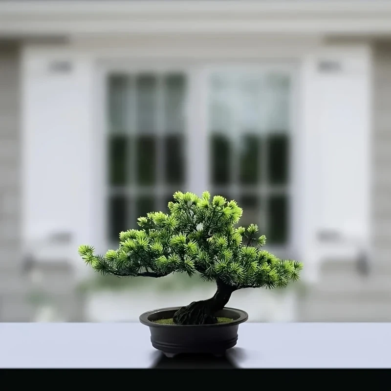 9.5" Artificial Pine Bonsai Tree in Black Pot Lifelike Indoor Zen Decor for Home, Bathroom, Bookshelf, or Farmhouse Style, Zen Home Decor