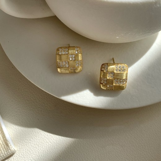 Sterling Silver Geometric Squares Finely Inlaid Stud Earrings Women