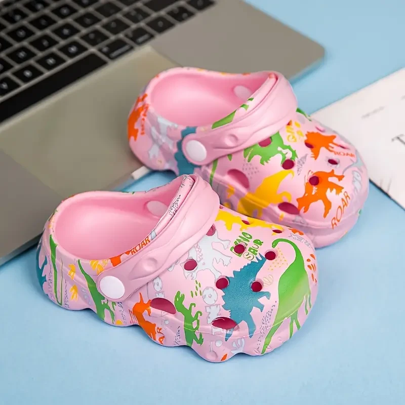 Unisex Kid's Adorable Dinosaur Pattern Clogs, Comfy Non Slip Casual Soft Sole Breathable Hollow Out Slippers For Boy's & Girl's Outdoor Activities