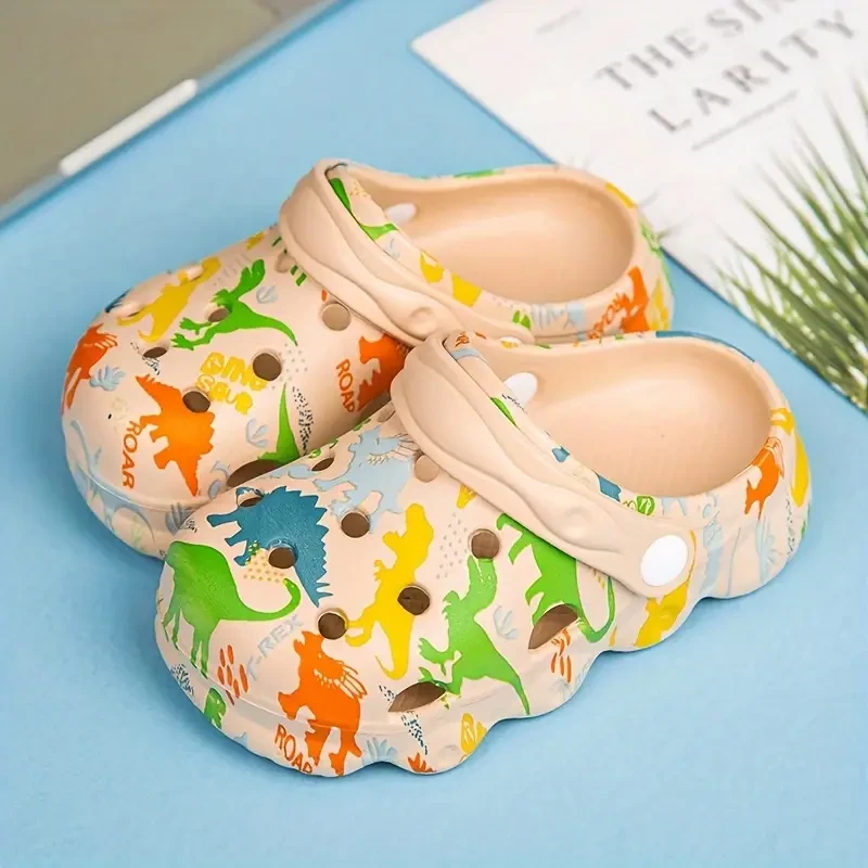 Unisex Kid's Adorable Dinosaur Pattern Clogs, Comfy Non Slip Casual Soft Sole Breathable Hollow Out Slippers For Boy's & Girl's Outdoor Activities