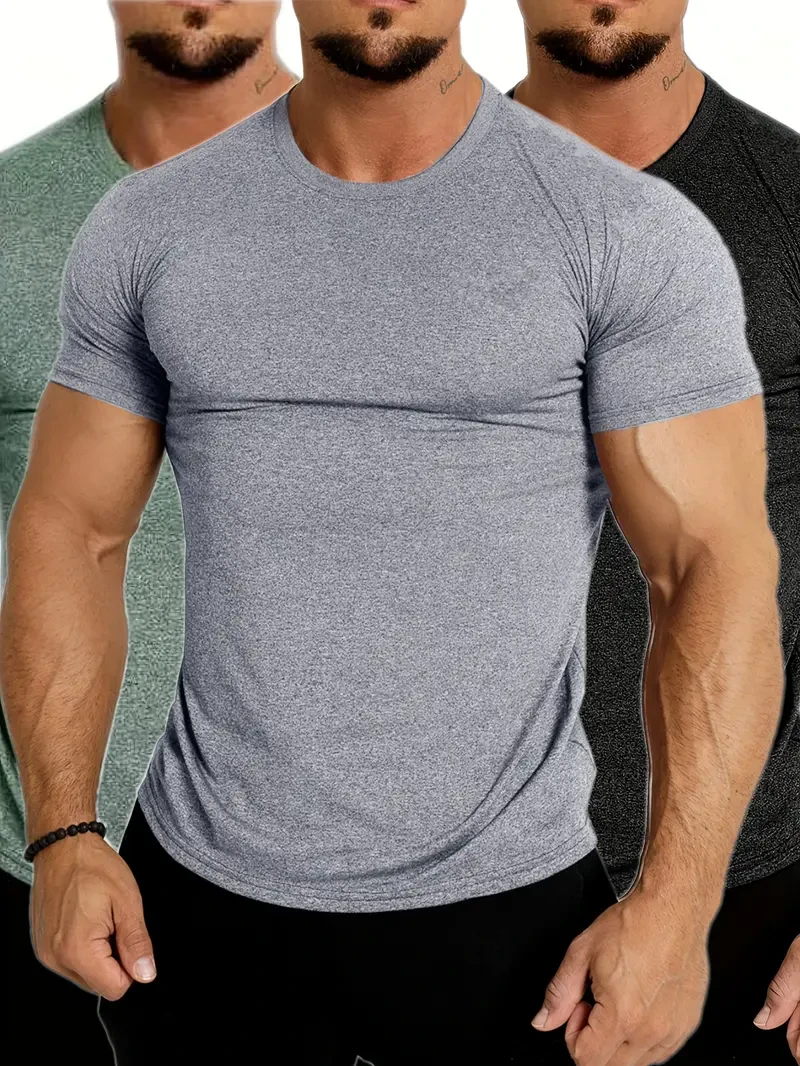 Solid Color Men's Stretch Breathable Quick-drying Short Sleeve Round Neck Fitness T-shirt For Summer, Gift For Men