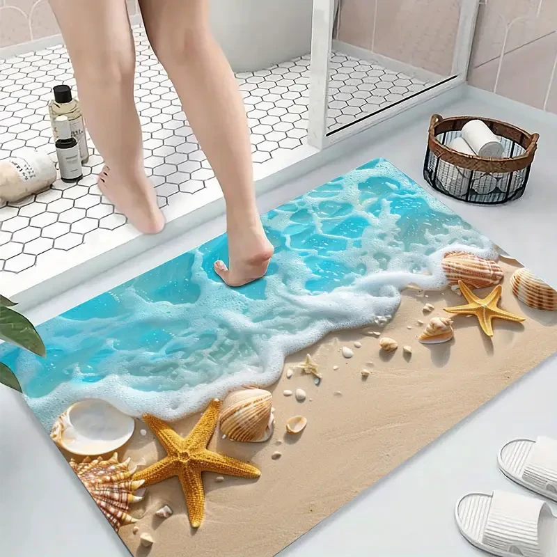 Ocean Coastal Starfish Beach Retro Wood bath rug mat