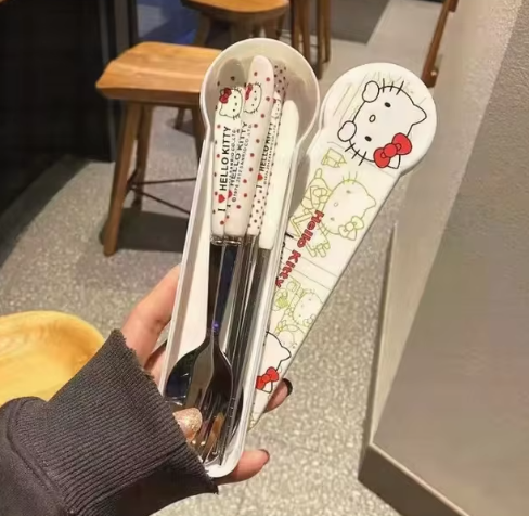 Cartoon Cute Hello Kitty High Appearance Chopsticks Spoon Set stainless steel Student Office Worker Portable Tableware Travel