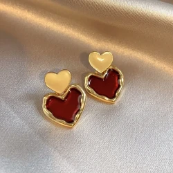 Wine Red Love Heart Earrings For Women Girl Gold Color Metal Love Heart Hanging Dangle Earrings Vintage Jewelry